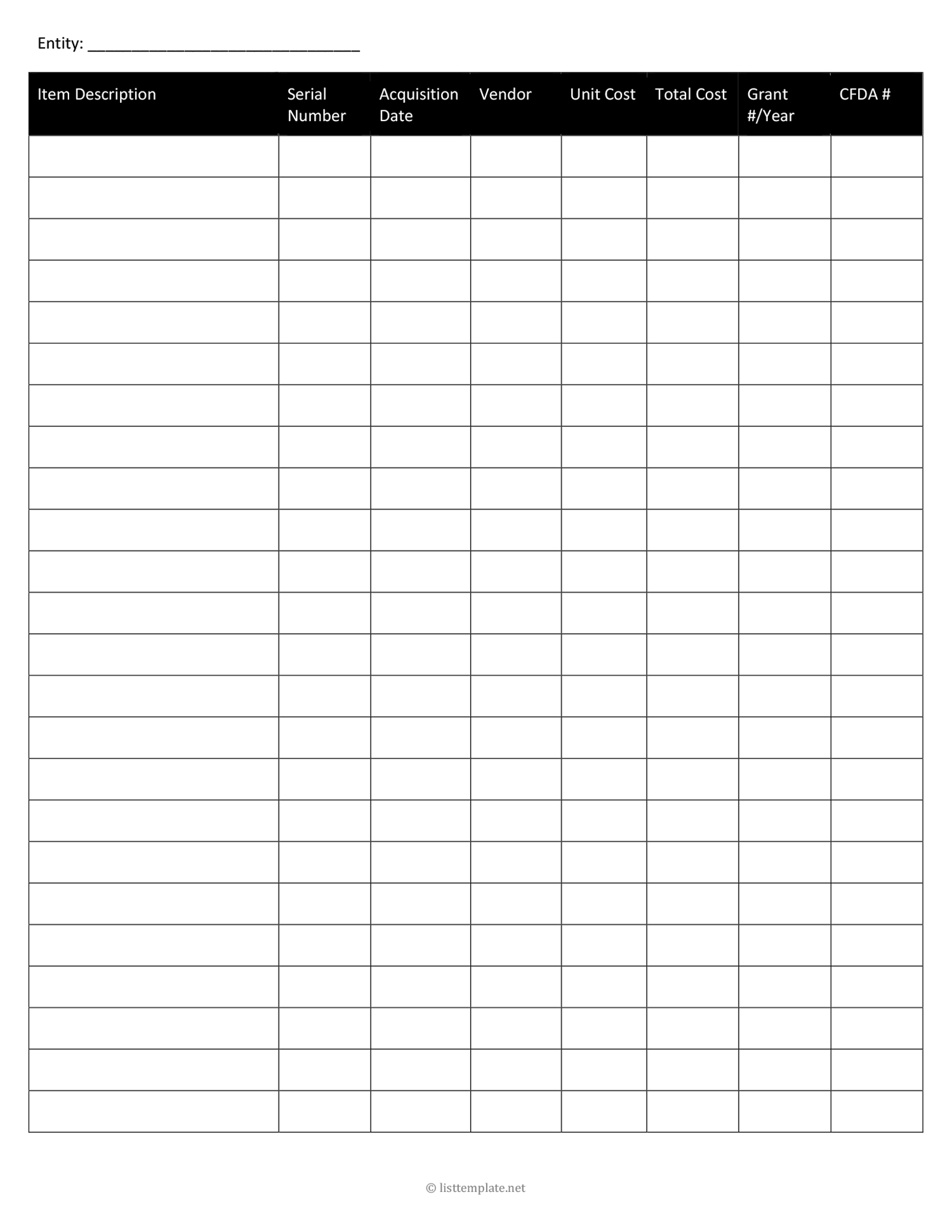 Blank Asset List Template