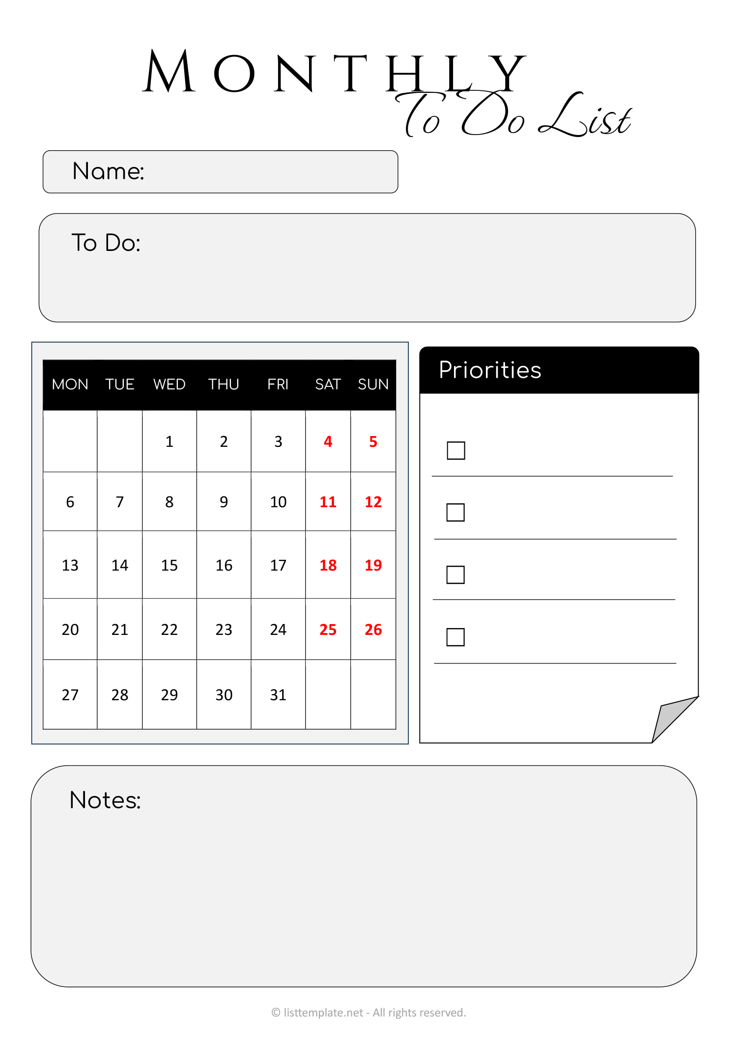 Minimal Monthly To Do List Template - Word