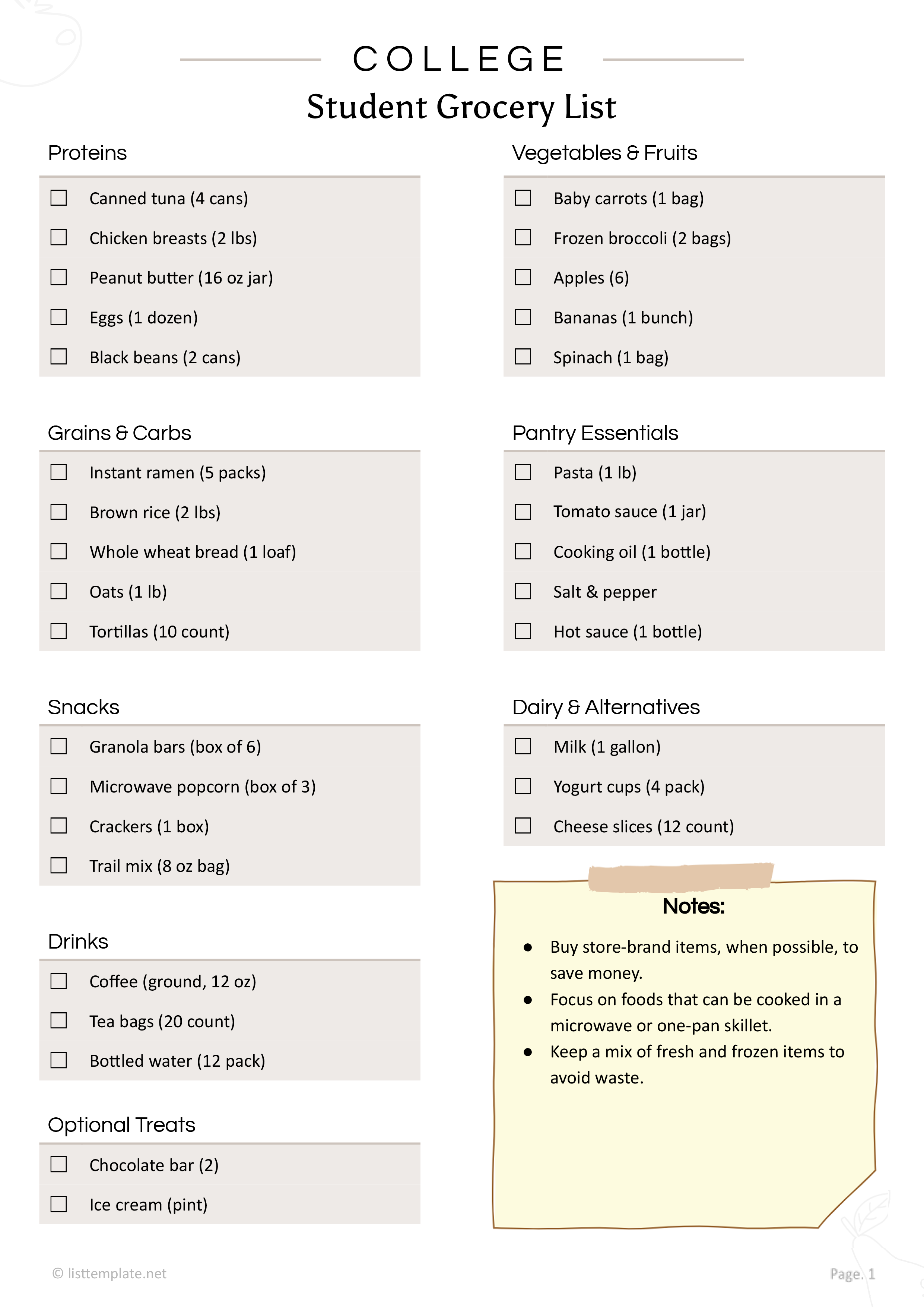 College Student Grocery List Template - Word, Google Docs
