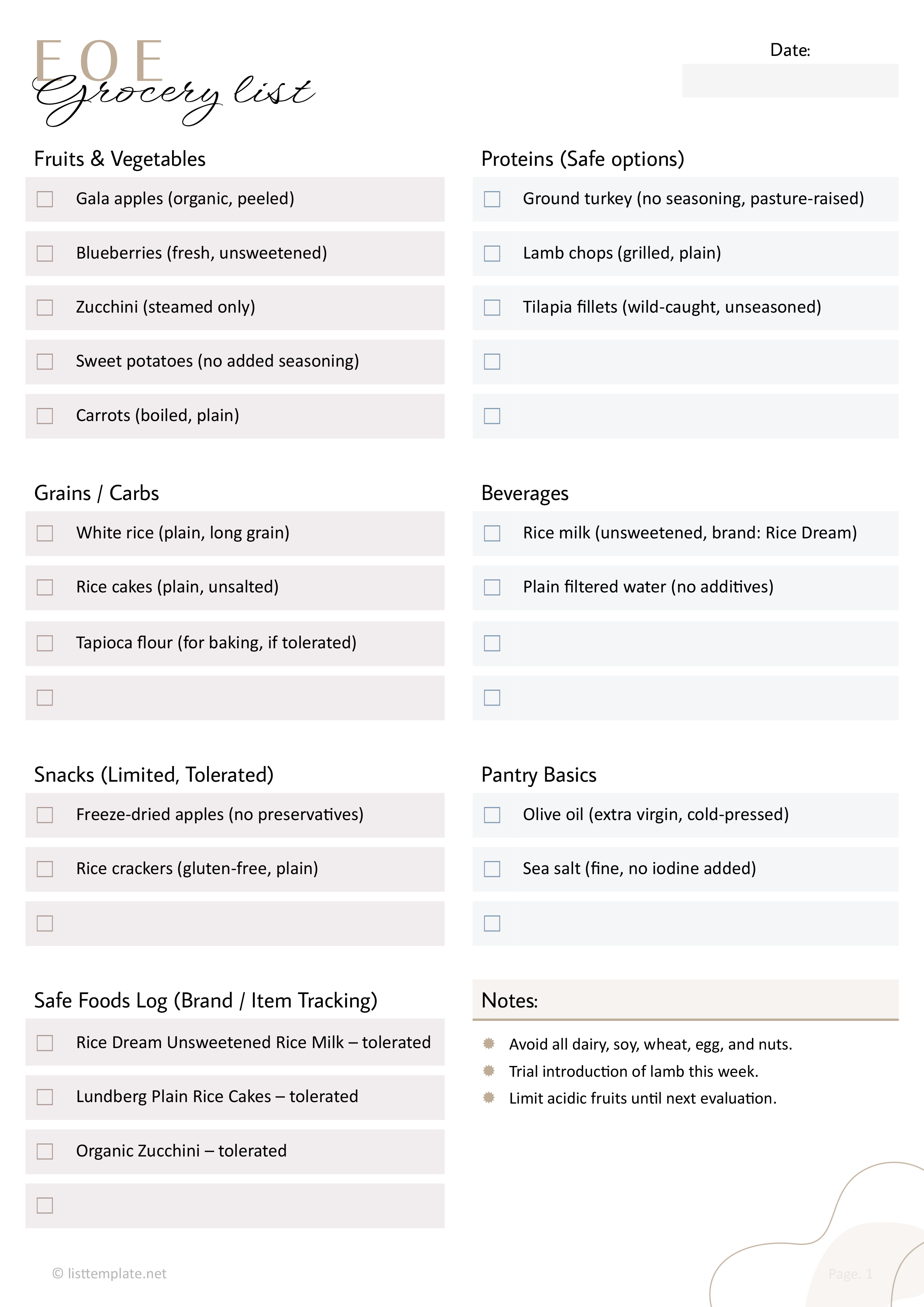 EOE Diet Grocery List Template - Word, Google Docs
