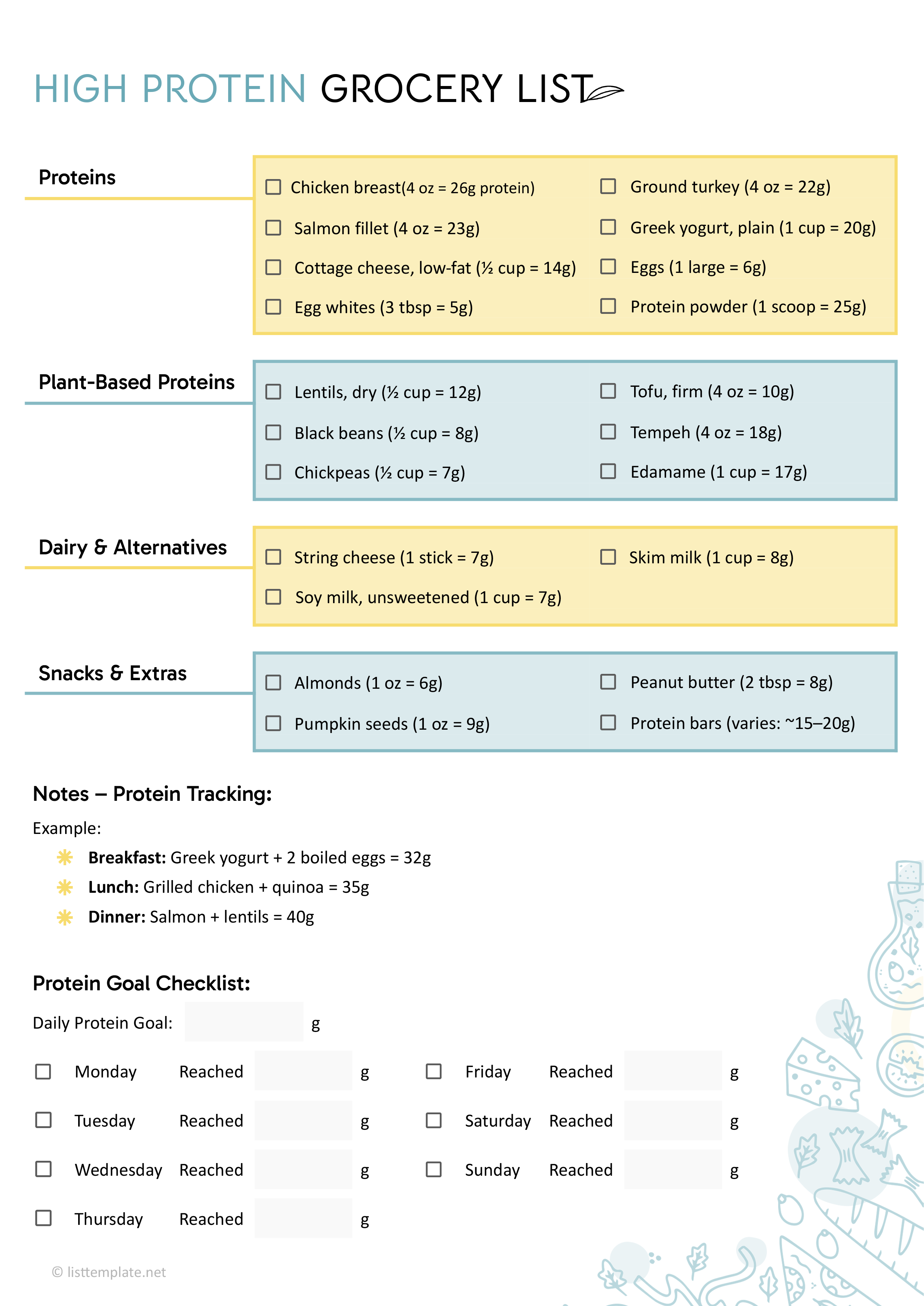 High Protein Grocery List Template - Word, Google Docs