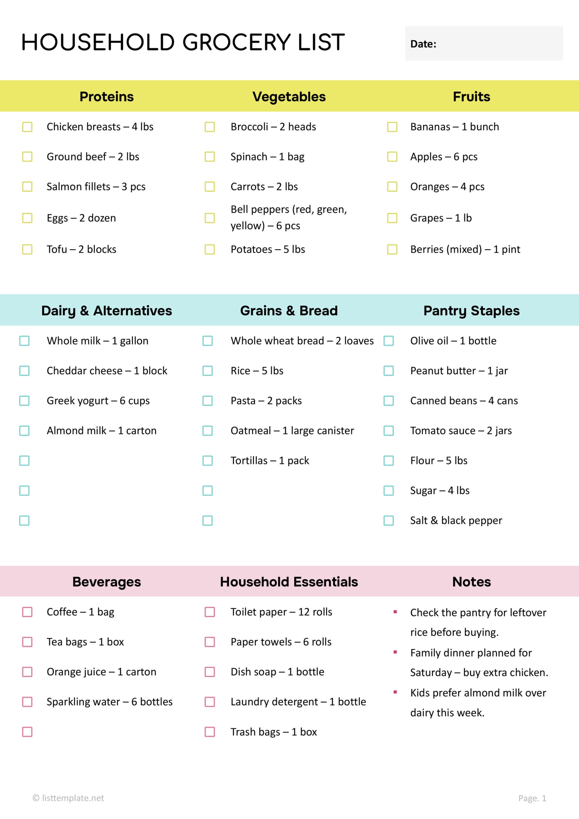 Household Grocery List Template - Word, Google Docs