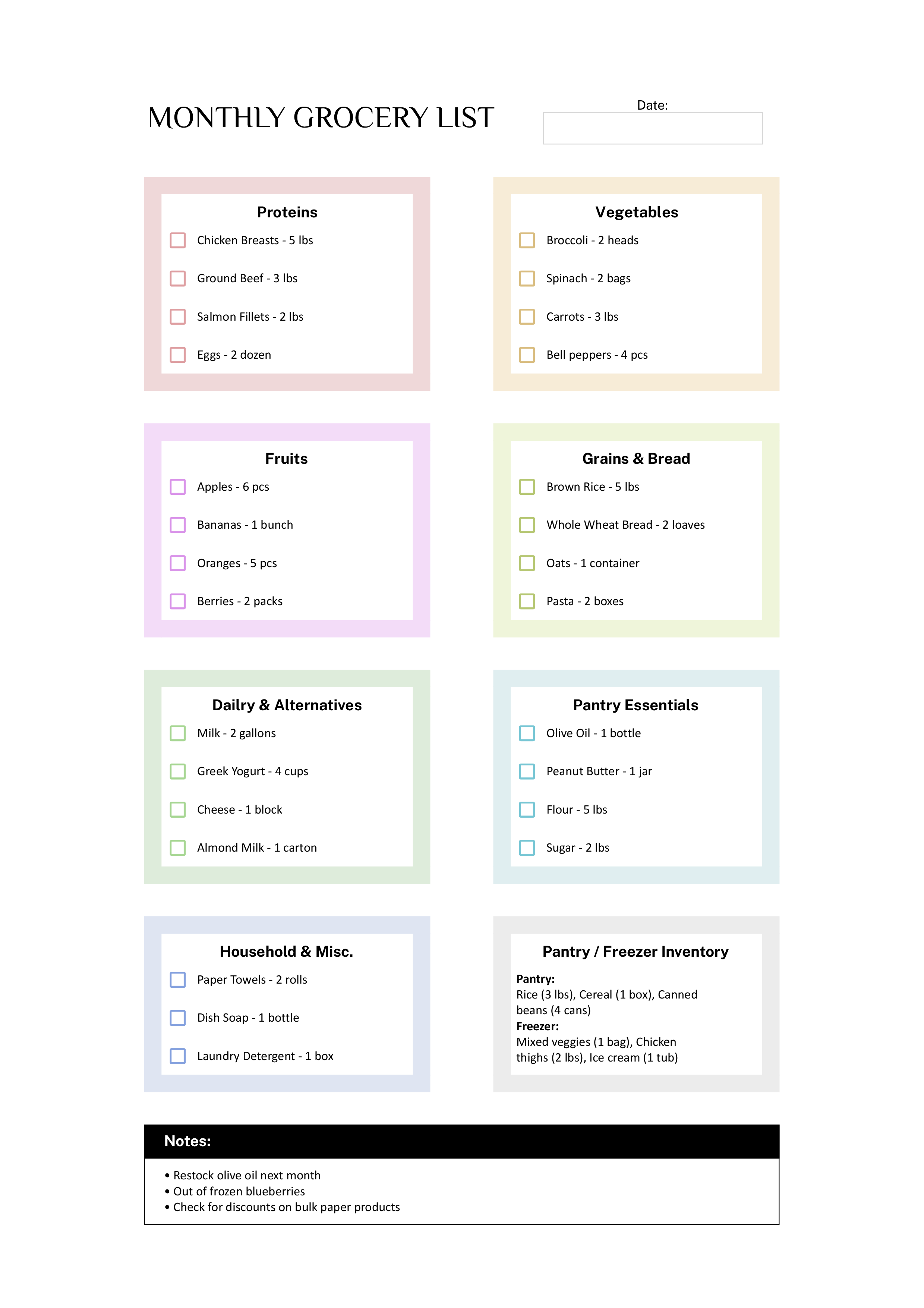 Monthly Grocery List Template - Excel, Google Sheets