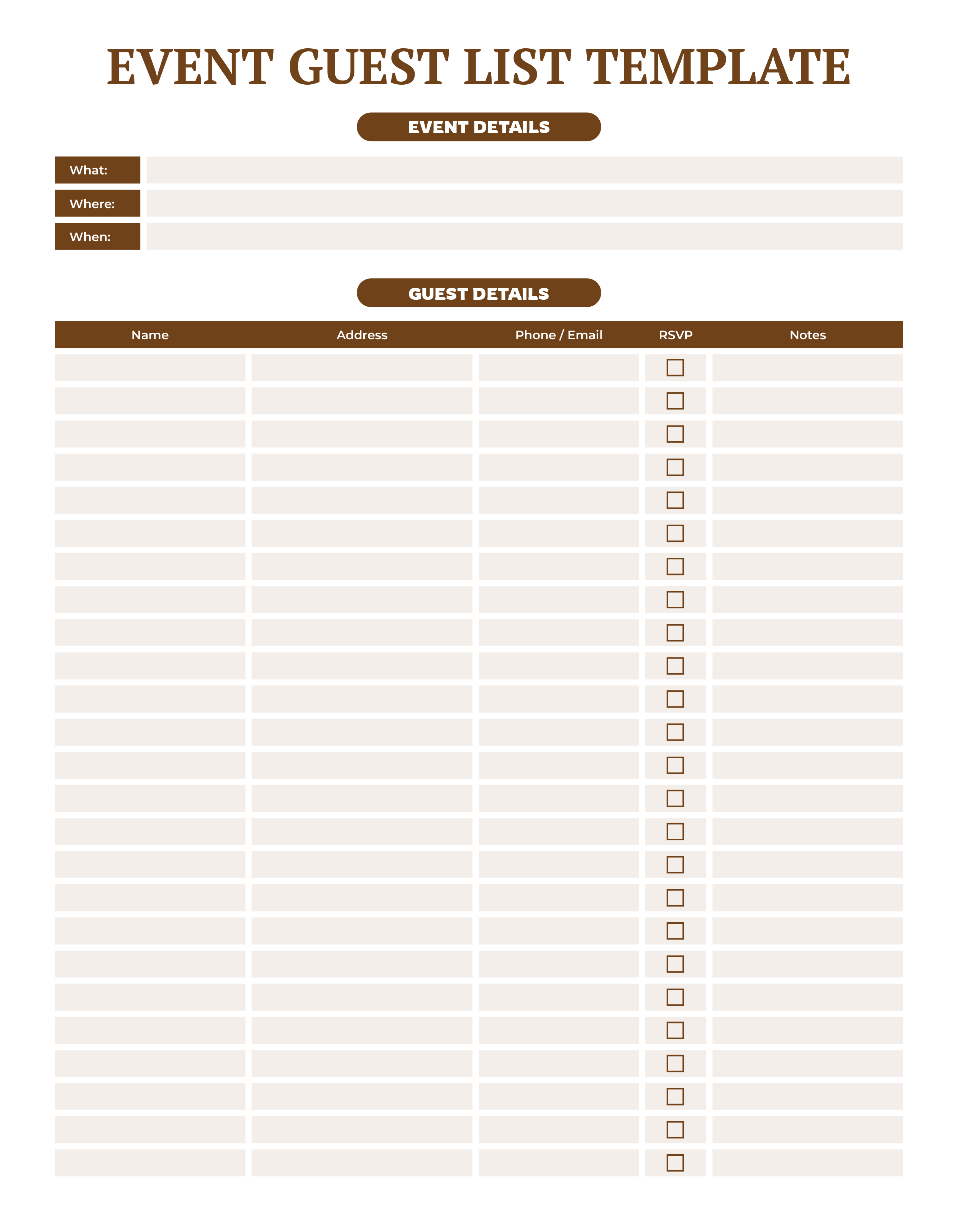 Printable Guest List Template - Adobe Illustrator, PDF
