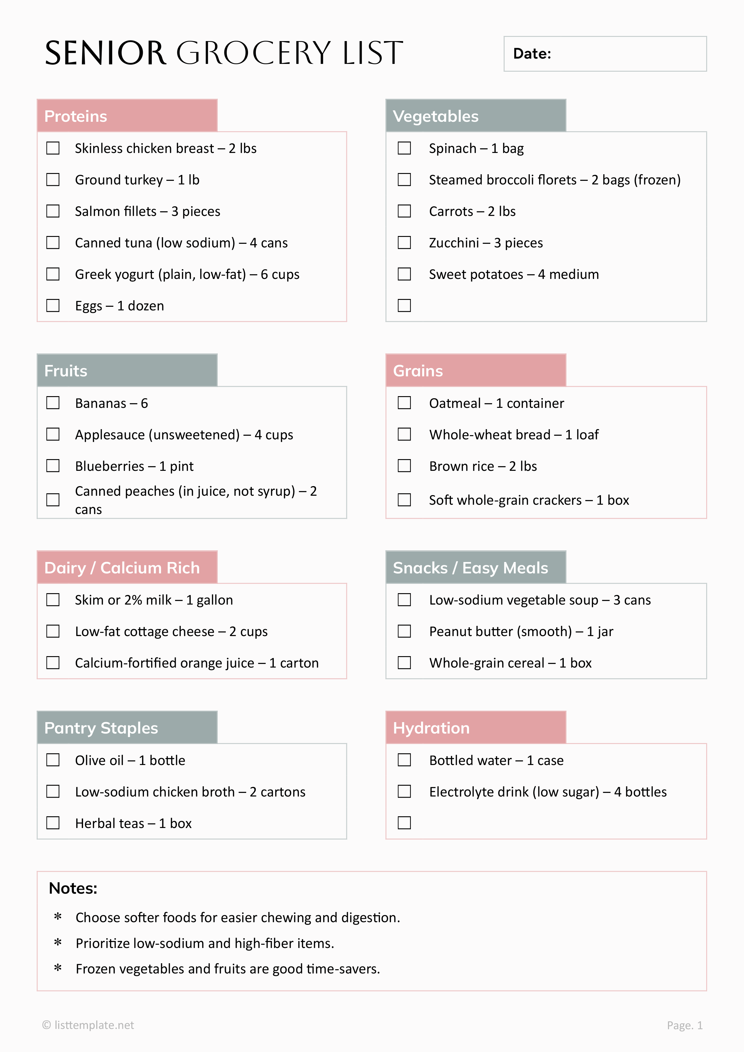 Senior Grocery List Template - Word, Google Docs