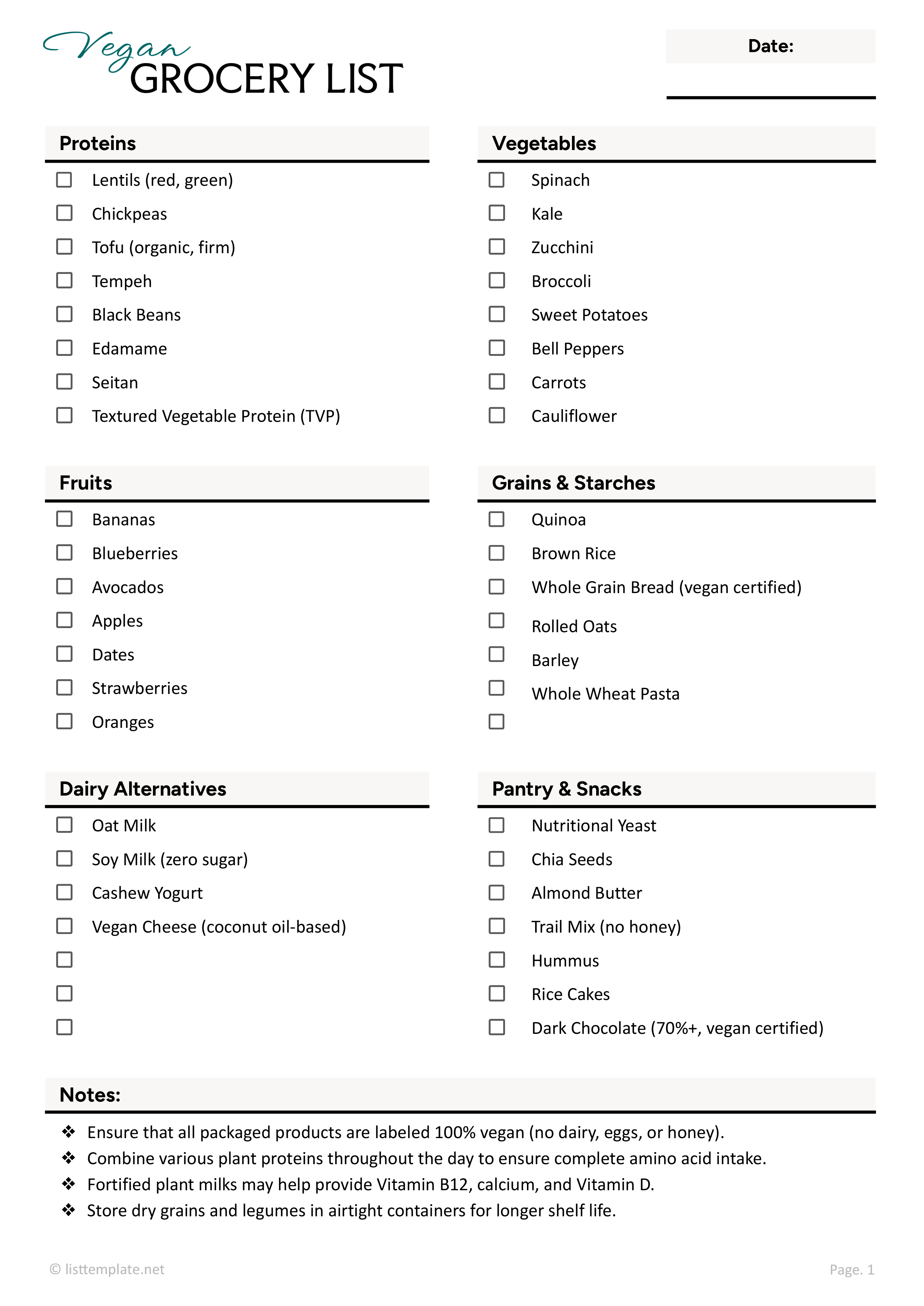 Vegan Grocery List Template - Word, Google Docs