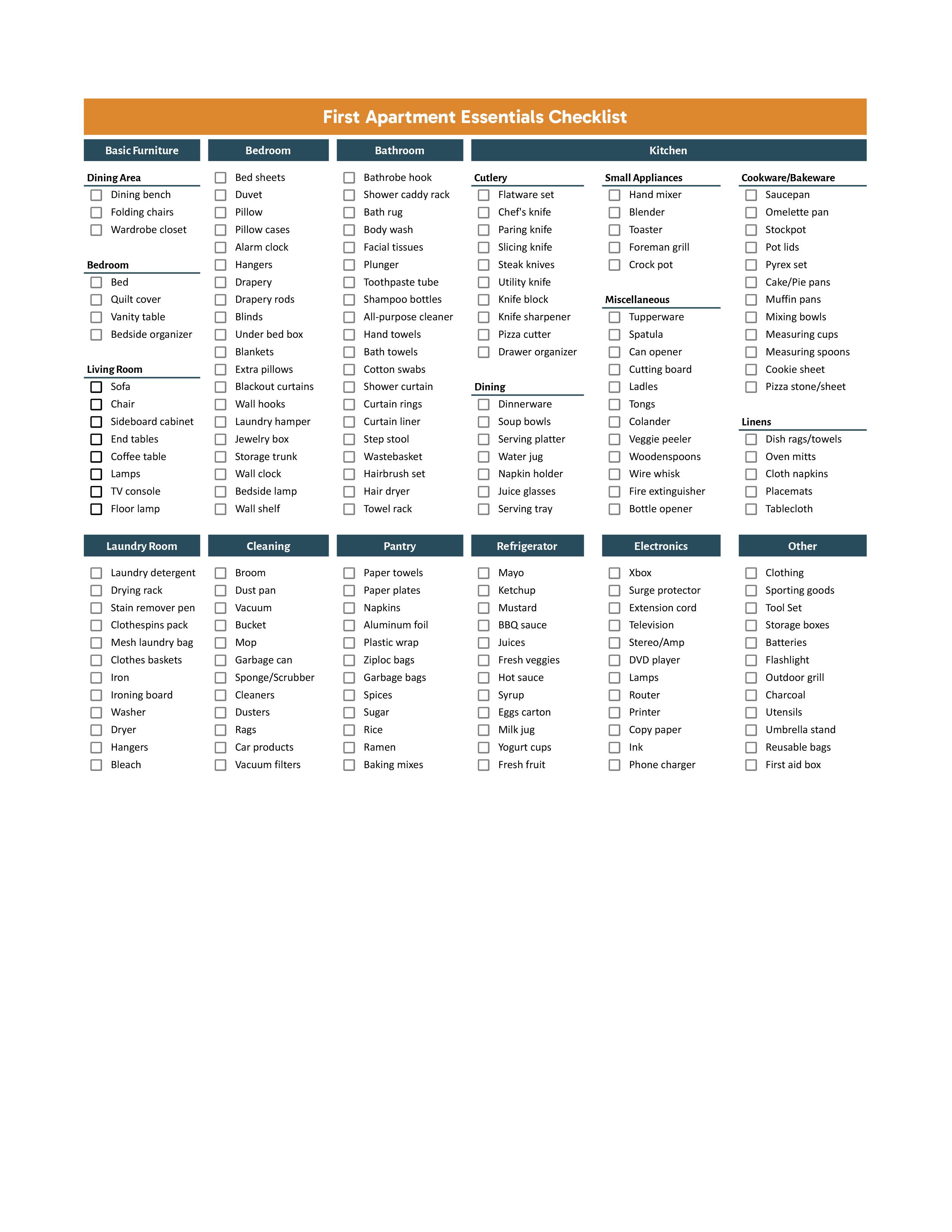 First Apartment Essentials Checklist - Excel, Google Sheets