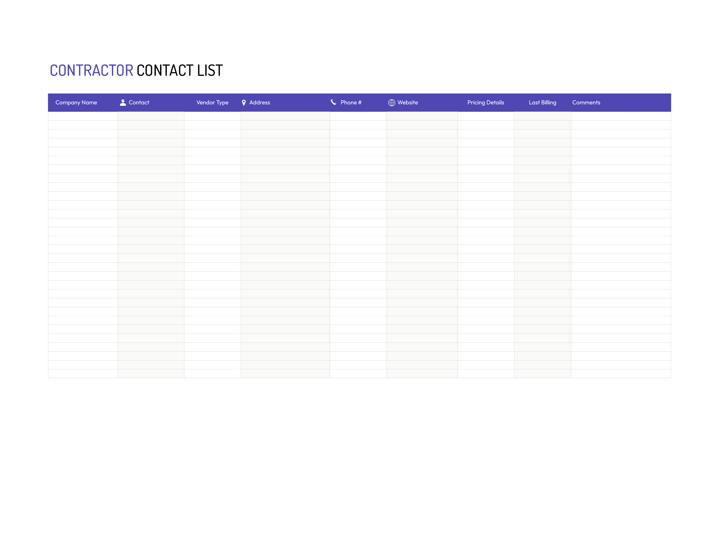 Contractor (Vendor) Contact List Template - Excel, Google Sheets
