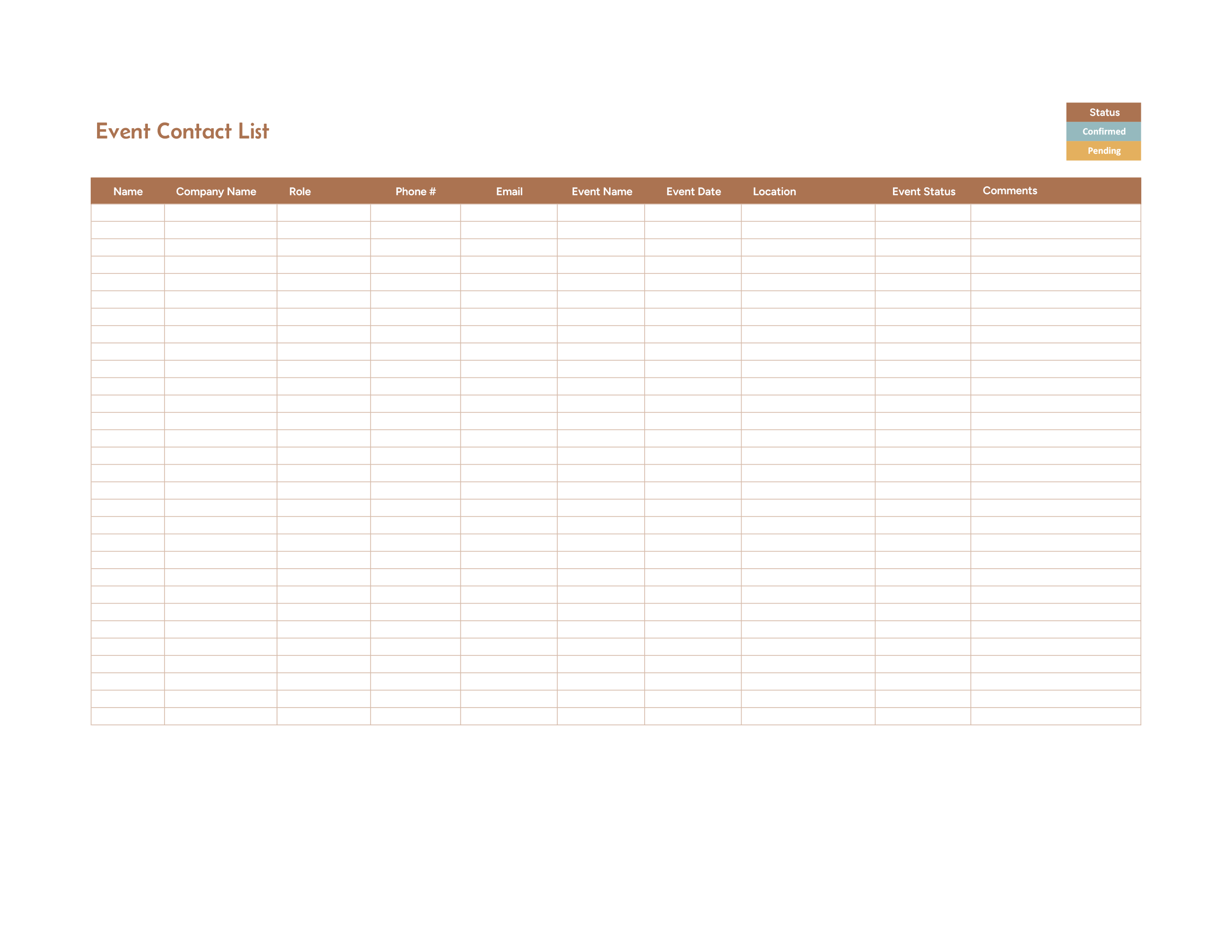 Event Contact List Excel Template - Excel, Google Sheets