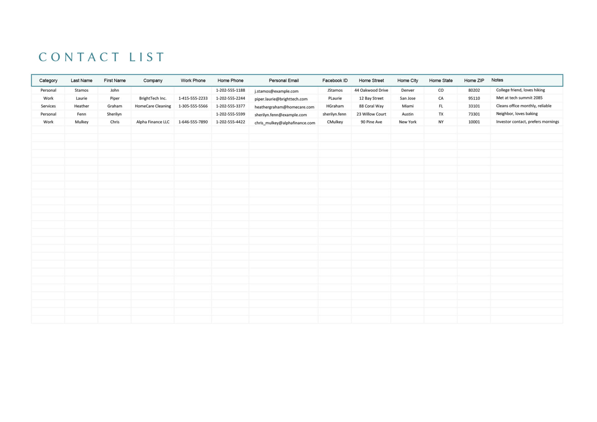 Excel Contact List Template - Excel, Google Sheets