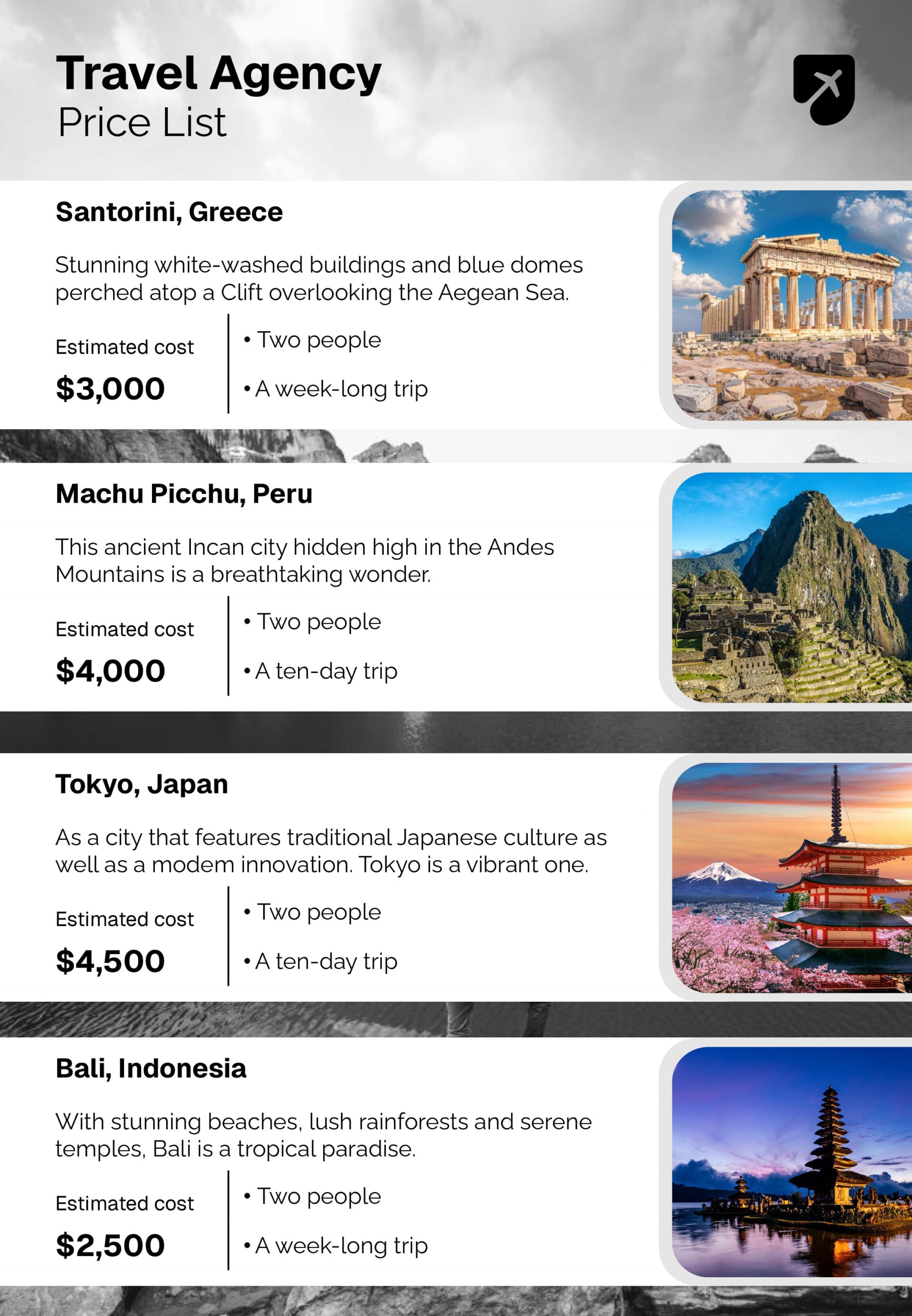Travel Agency Price List Template - PowerPoint, Google Slides