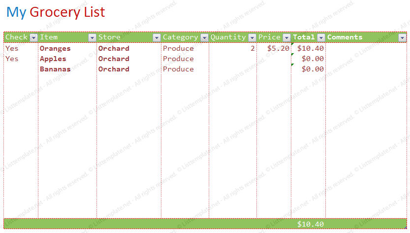 Blank Grocery List Template Short Format in Microsoft Excel