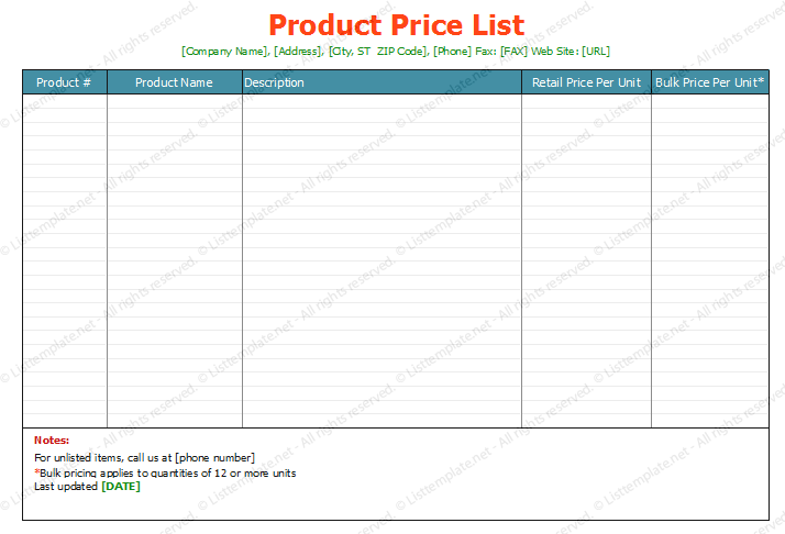 Product Price List Template (Standard Format) in Microsoft Excel