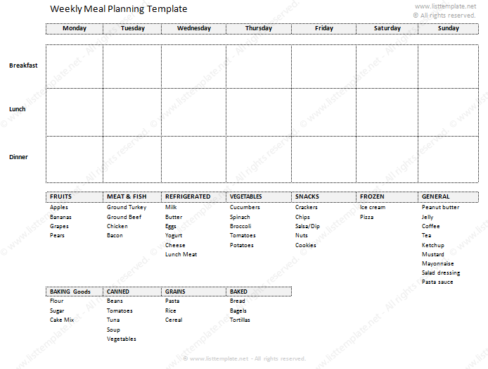 free weekly meal planner and grocery shopping list template