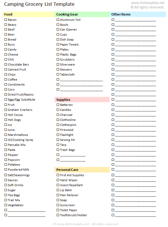 grocery list template for camping