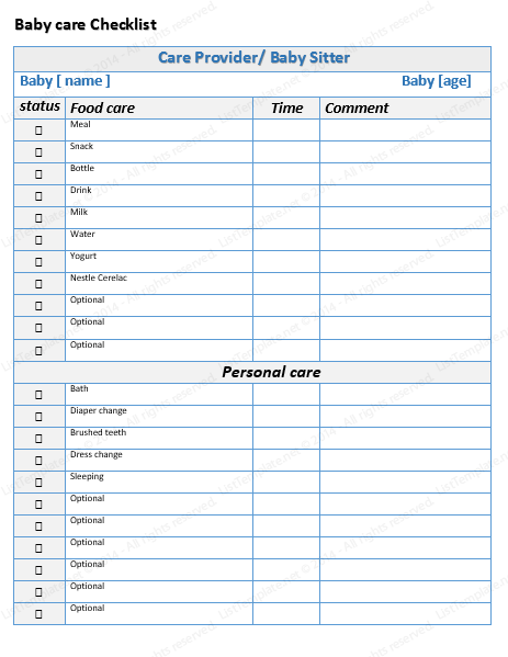 Baby Care checklist template (baby sitter + care provider)